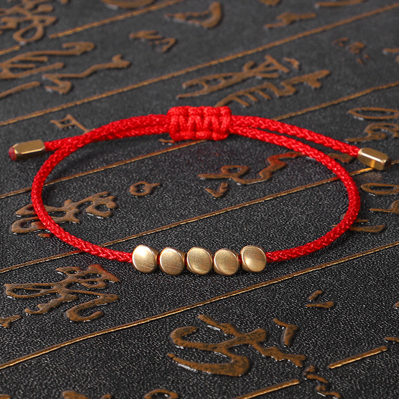 Five Lucky Beads Copper Bracelet - Blue, Gray, Red String