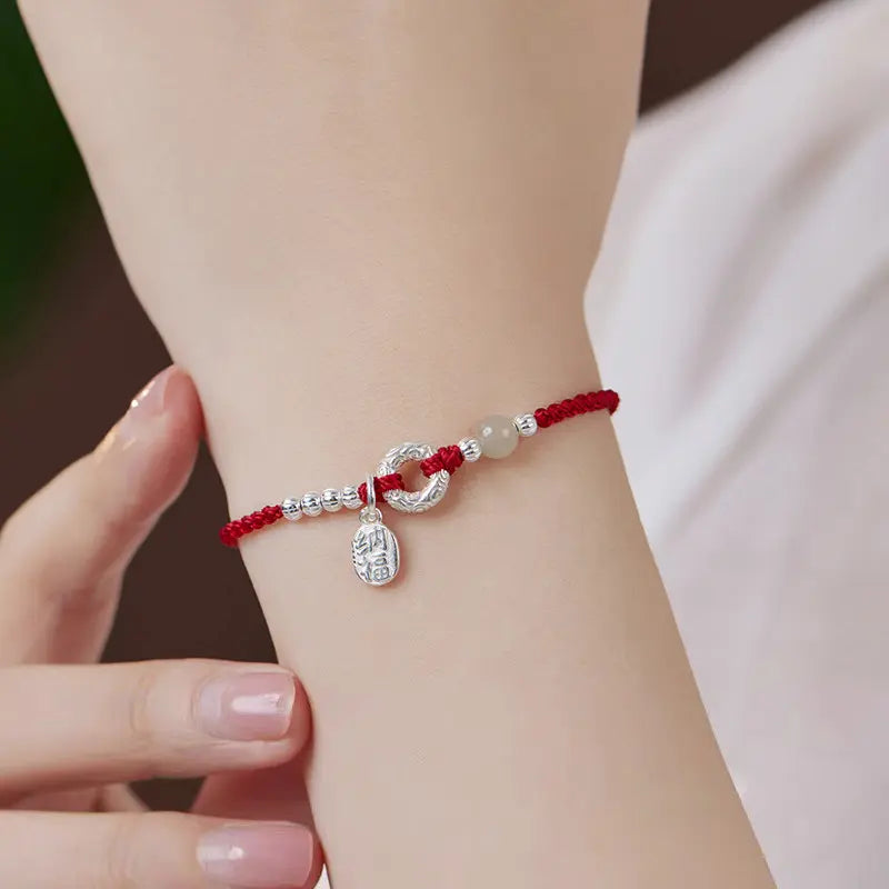 Blessing Buckle Natural Hetian Jade Sterling Silver Woven Bracelet - Vermith