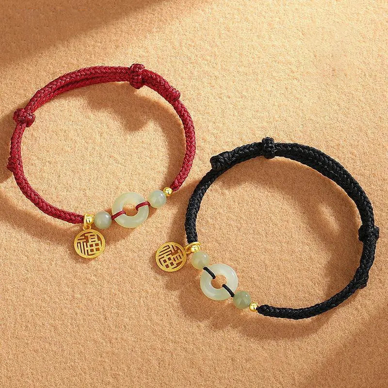 Hetian Jade Blessing Charm & Peace Buckle Red String Bracelet - Vermith