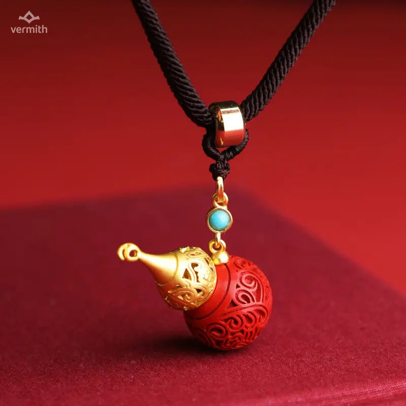 Natural Imperial Cinnabar Hollow Gourd Gau Box Peace Blessing Daily Necklace - Vermith