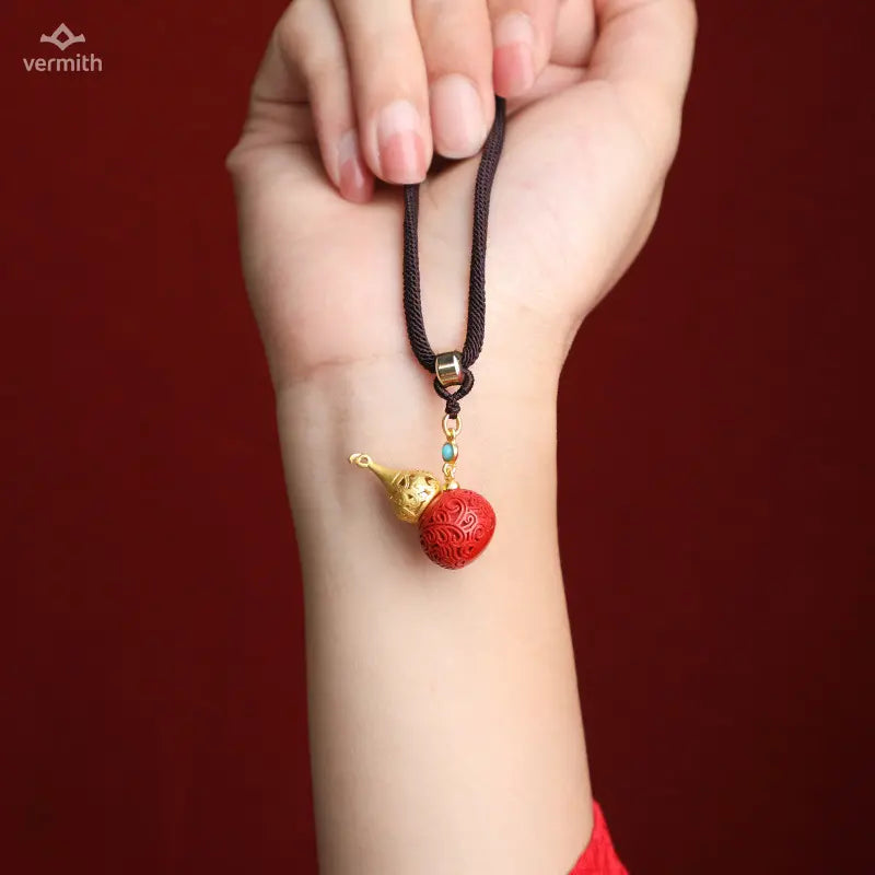Natural Imperial Cinnabar Hollow Gourd Gau Box Peace Blessing Daily Necklace - Vermith