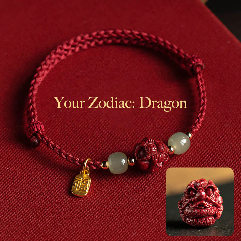 Natural Cinnabar Chinese Zodiac Hetian Jade Fu Character Luck Rope Bracelet -Vermith