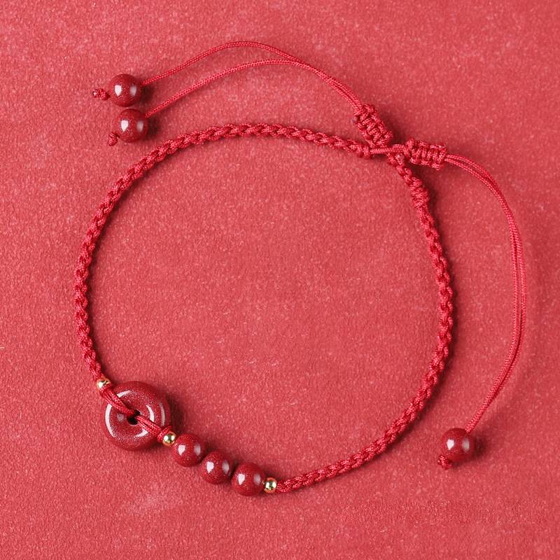 Purple Cinnabar Peace Button & Fretwork Bead Woven Anklet