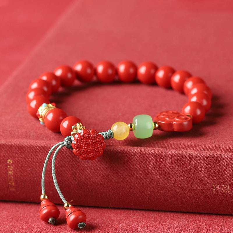 Red Cinnabar Ruyi & Lotus Pod Bracelet